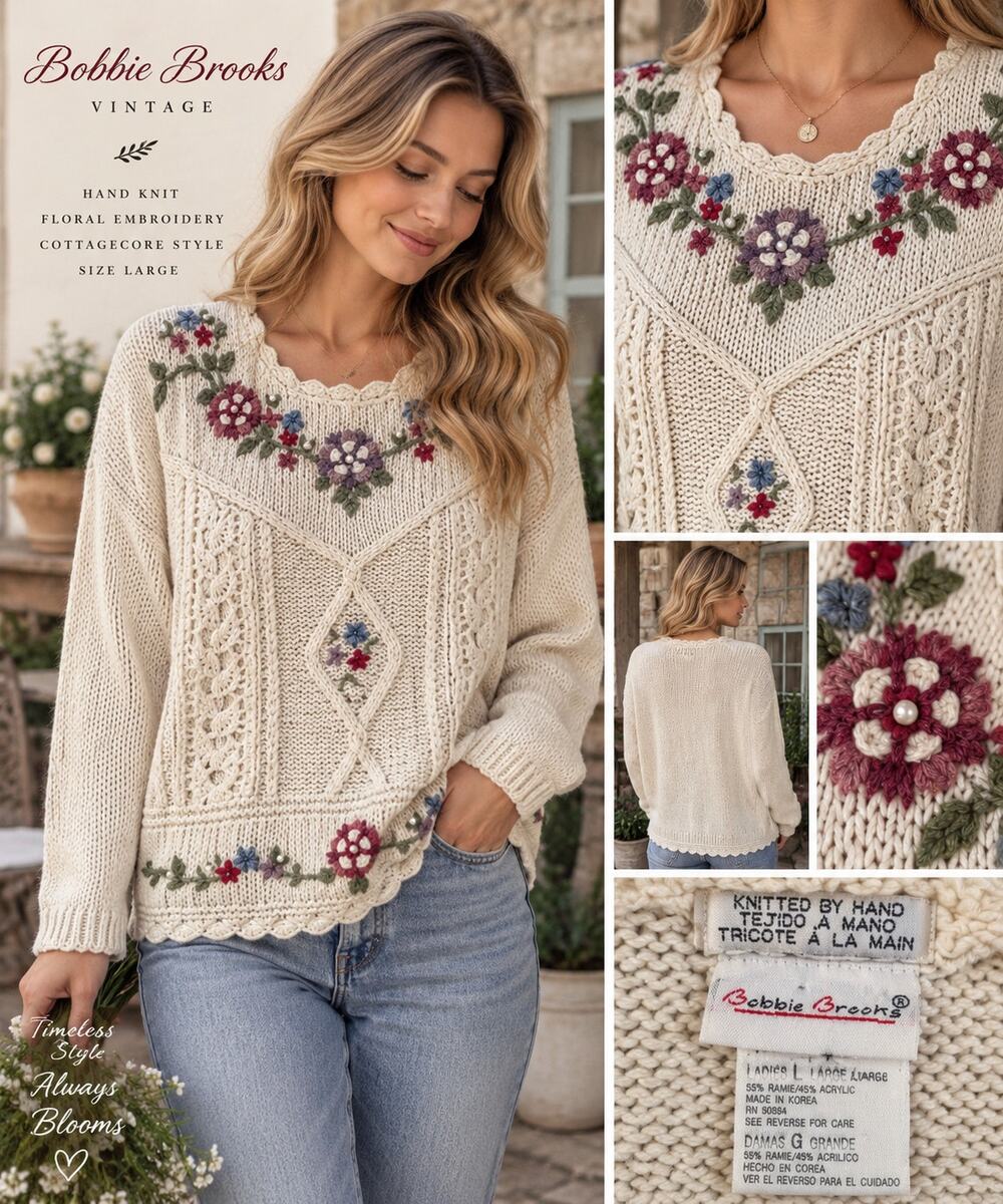 Vintage Hand Knit Floral Sweater L Cottagecore Grannycore Embroidered